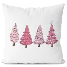 three pink christmas trees on a white pillow