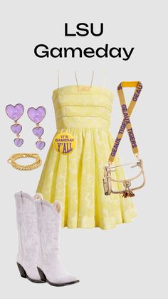 a yellow dress and white cowboy boots with the words lsu gameday on it