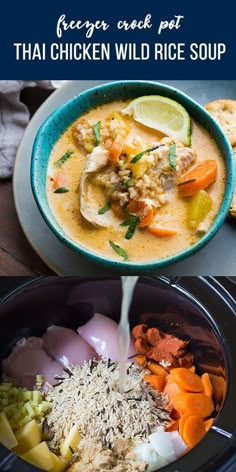 the ingredients for thai chicken wild rice soup are being poured into a slow cooker