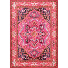 a pink and black rug with an ornate design on the center, in front of a white background