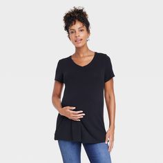 Versatile style and nursing functionality all zipped up in one simple maternity top! This easy summer staple will keep you cool throughout your pregnancy, especially when you pair it with cut-offs and sandals. But you'll really love this maternity V-neck post-baby, when the tee's side zippers will make breastfeeding super easy. Nursing Friendly Short Sleeve Maternity T-shirt, Versatile Nursing-friendly Tops For Layering, Nursing Friendly Stretch Tops For Everyday, Casual Maternity T-shirt Bump Friendly, Stretch Nursing Friendly Tops For Everyday, Stretch Nursing-friendly Top For Everyday, Everyday Stretch Nursing-friendly Top, Casual Maternity T-shirt, Casual Black Bump Friendly Tops