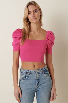 Pink Stretch Puff Sleeve Top, Trendy Puff Sleeve Crop Top, Trendy Long Sleeve Puff Sleeve Top, Trendy Puff Sleeve Top With Square Neck, Trendy Solid Color Puff Sleeve Short Top, Fitted Pink Puff Sleeve Top For Summer, Trendy Solid Color Puff Sleeve Crop Top, Trendy Pink Fitted Crop Top, Trendy Fitted Pink Puff Sleeve Top