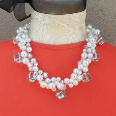 "This Beautiful Pearl and Caged Crystal Chunky Statement Necklace is made using my exclusive and unique Twisted Sister Technique I invented to make OOAK Statement Jewelry. It would make an amazing bridal necklace or for any special occasion. I just love the caged crystal dangles. So Unique! Your choice of 3 Lengths are available 18, 20 or 22\"s in with a 4\" Silver Plated Extender Chain with a lobster claw clasp. This handmade item is one of a kind. Truly unique. This is a must have Statement pi Unique Pearl White Jewelry For Wedding, Unique Pearl Necklace For Wedding, Dazzling White Bridal Necklace For Party, White Crystal Embellished Necklace For Gift, Unique Silver Bridal Necklace, Unique Silver Bridal Necklace For Wedding, White Crystal Bridal Necklace For Celebration, Dazzling White Bridal Necklace For Celebration, Unique White Wedding Jewelry