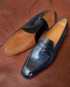 Handmade Men Classic Blue Leather Moccasin Loafers Dress Shoes on Storenvy Classic Blue Slip-on Oxfords, Blue Round Toe Tassel Loafers For Business, Elegant Blue Slip-on Moccasins, Fitted Patent Leather Loafers With Leather Sole, Leather Sole Moccasins For Galas, Fitted Patent Leather Slip-on Loafers, Fitted Moccasins With Leather Sole For Galas, Elegant Fitted Wingtip Moccasins, Fitted Leather Tassel Loafers With Leather Sole