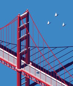 an illustrated view of the golden gate bridge with paper airplanes flying over it and in the background