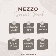 the mezzo social work poster is shown in four different colors and font, along with five