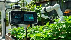 a robot that is standing next to some plants