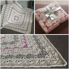 crocheted blankets with bows on them are shown in three different pictures, one is white and the other is pink