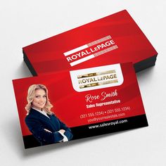 a business card for royal page with an image of a woman in black and red