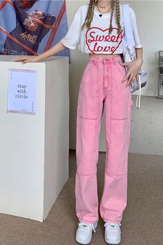 High Waist Long Pink Casual Jeans Pants – Tomscloth Cute Brunch Outfits, Pink Jeans Outfit, Heaven Clothes, Pink Pants Outfit, Brunch Outfits, Smart Casual Dress, Cute Outfits With Jeans, Fashion Top Outfits, Outfit Jeans