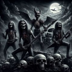 three skeletons playing guitars in front of a full moon with bats and skulls on the ground