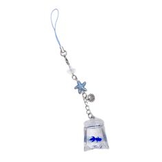 a small glass bell with two little blue birds hanging from it's side on a silver chain