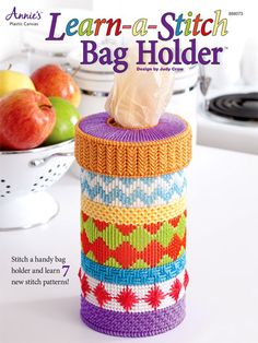 the cover of knitted magazine learn - a - stitch bag holder, featuring an apple and