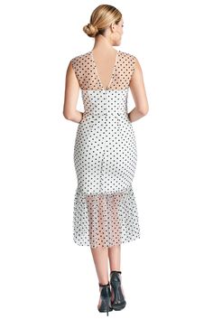 Model wearing white mesh with black polka dots sleeveless midi dress with sheer ruffle hem and round neckline. Fitted Swiss Dot Midi Dress, Fitted Swiss Dot Knee-length Dresses, Fitted Knee-length Dresses With Swiss Dot, Fitted Knee-length Swiss Dot Dresses, Chic Fitted Swiss Dot Midi Dress, Polka Dot Knee-length Party Dress, Swiss Dot Midi Party Dress, Swiss Dot Sleeveless Party Dress, Sleeveless Swiss Dot Party Dress