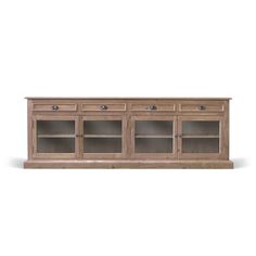 the sideboard is made out of wood and has glass doors on one side, and two