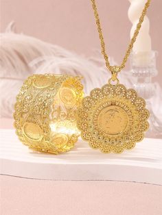 1 Set Of  Hollow Sunflower Pendant Necklace, Napoleon Gold Coin Charm & Adjustable Cuff Bracelet For Wedding & Party Wear Gold Glamorous        Women Fashion Jewelry, size features are:Bust: ,Length: ,Sleeve Length: Bracelet For Wedding, Glamorous Women, Glamour Women, Wedding Party Wear, Sunflower Pendant, Open Cuff Bracelet, Bangles Making, Bridal Bangles, Tassel Drop Earrings