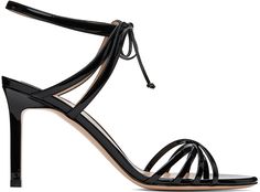 Patent calfskin heeled sandals in black. · Open toe · Criss-crossing straps at vamp · Self-tie ankle strap · Logo printed at padded leather footbed · Covered stiletto heel with rubber injection · Leather sole · Heel: H3.5 Supplier color: Black Luxury Strappy Lace-up Sandals For Evening, Chic Formal Lace-up Sandals With Straps, Elegant Lace-up Sandals With Ankle Strap, Formal Leather Lace-up Sandals With 4-inch Heel, Formal Lace-up Leather Sandals With 4-inch Heel, Elegant Lace-up Block Heel Sandals For Evening, Evening Strappy Leather Lace-up Sandals, Designer Lace-up Ankle Strap Sandals For Evening, Elegant Leather Lace-up Sandals For Evening