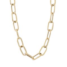 This Italian handcrafted chain link necklace is completely composed of 14K solid gold and is uniquely made with a semi-hollow interior for comfortable everyday wear that will not dent. NOTE: This item is available in longer or shorter length options. Kindly email us for pricing and details. Total Length: available in your choice of 14, 16, 18, 20, 22, 24, 26 or 30 inches Total Gram Weight: 18" length comes out to approximately 33.8 grams of 14K solid gold Link Dimensions: approximately 14mm (W) Sweetheart Bridal, Jewellery Designer, Gold Link, Layering Necklace, Chain Link Necklace, Link Necklace, Paper Clip, Chain Lengths, Chain Length