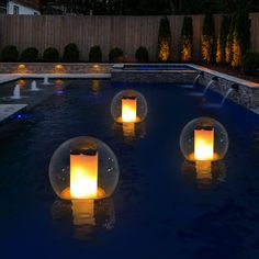 some lights that are on the side of a pool