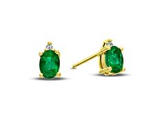 These stunning emerald and diamond earrings are available in 14k Gold. The diamonds have a total carat weight of 0.02 carats. Formal Yellow Gold Diamond And Emerald Earrings, Emerald Yellow Gold Diamond Earrings Fine Jewelry, Emerald Yellow Gold Diamond Earrings, Fine Jewelry Diamond Earrings For May Birthstone, Formal Emerald Diamond Earrings For May Birthstone, May Birthstone Diamond Earrings For Formal Occasions, Classic Green Diamond Earrings With Accents, Formal Diamond Birthstone Earrings, Formal Diamond Earrings For May Birthstone