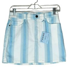 Frame Ombre Blue & White Stripes Cotton Micro Mini Denim Skirt Size 25 Condition: New With Tag Color: Light Blue And White Size: 25 Features: 2 Front Pockets & 2 Back Pockets Zip Fly With Button Stripes Micro Mini Materials: 92% Cotton; 6% Polyester; 2% Elastane Skirt Is New With Tag. Micro Mini, Classic, Clean Beauty, Stripes, Ombre, Denim, Jean, Skirt Approximate Measurements: Laying Flat - Waist: 14" -Length: 14.5" Chic Mid-rise Blue Mini Skirt, Stretch Blue Denim Skirt For Summer, Mid-rise Lined Denim Skirt For Summer, Chic Blue Mid-rise Mini Skirt, Fitted Light Blue Denim Skirt For Summer, Blue Denim Skort For Summer, Chic Blue Cotton Denim Skirt, High Rise Blue Cotton Denim Skirt, Blue Mid-rise Cotton Denim Skirt