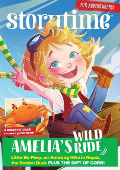 the front cover of storytime magazine featuring a girl on a boat with a crab