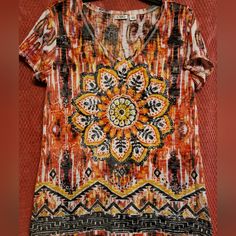 Brand New Top Without Tag.. Pretty Colors.. Shear Material Colorful Orange Tops For The Beach, Orange Bohemian Top With Colorful Pattern, Bohemian Orange Tops With Vibrant Print, Orange Beach Top With Colorful Pattern, Pretty Colors, Sheer Top, New Top, Black Orange, Pretty Colours