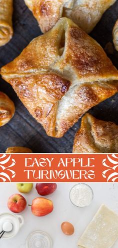 apple turnovers on a baking sheet with apples and other ingredients in the foreground