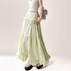 Z-315-07 High Waist Cotton Skirt For Summer, Casual Green Long Skirt, Non-stretch Summer Skirt For Day Out, Trendy Long Skirt For Summer, Green Non-stretch Tiered Skirt, Casual Non-stretch Skirt For Spring, Non-stretch Tiered Skirt For Summer, Non-stretch Skirted Bottoms For Summer, Green Cotton Casual Maxi Skirt