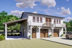 a car is parked in front of a two story house with garages and attached porches