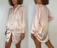 "Vintage baby pink night dress / blouse.  Tag: Intimate Desire California M Measurements Bust: 44\" Waist: 44\" Hip: 44\" Shoulder: 16\" Sleeve: 22\" Length: 35\" In fair vintage condition. Moderate wear throughout. See all photos for a visual. Item is priced accordingly and sold AS IS." Pink Sleepwear With Button Closure For Loungewear, Pink Sleepwear With Button Closure, Pink Button-up Sleepwear For Loungewear, Pink Button-up Sleepwear For Summer, Pink Button-up Sleepwear For Pajama Party, Long Sleeve Buttoned Nightgown For Bedtime, Long Sleeve Buttoned Nightgown, Pink Button-up Sleepwear For Spring, Spring Pink Button-up Sleepwear