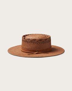 Shine and sophistication. This hand-made flat-brim straw boater hat features a telescope crown, medium stiffness and an authentic leather headband. Western Brown Boater Hat With Flat Crown, Adjustable Brown Boater Hat With Flat Crown, Brown Flat Crown Straw Hat For Vacation, Brown Flat Brim Boater Hat For Rodeo, Brown Toquilla Straw Boater Hat With Flat Brim, Brown Toquilla Straw Sun Hat With Flat Crown, Adjustable Brown Boater Hat With Flat Brim, Brown Flat Crown Toquilla Straw Sun Hat, Brown Flat Crown Sun Hat For Beach