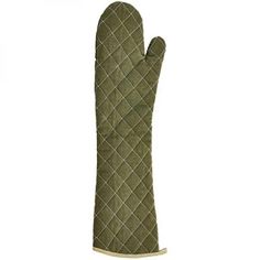 an oven mitt with a green quilted design on the front and back of it