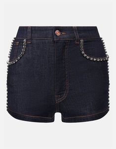 Dolce & Gabbana Crystal Embellished Denim shorts with huge trim and a leather patch logo golden plate. Golden Plate, Dark Denim Shorts, Embellished Denim, Leg Work, Leather Patches, Dark Denim, Patch Logo, Casual Shorts, Dolce And Gabbana