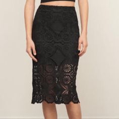 Abercrombie & Fitch Crochet Black Pencil Skirt Stretchy Fabric Has Underlining New With Tags Size 4 Black Lace Mini Skirt For Spring, Spring Black Skirt With Lace Trim, Black Skirt With Lace Trim For Spring, Black Lace Trim Skirt For Spring, Black Lace Knee-length Skirt, Crochet Black, Black Pencil Skirt, Black Pencil, Black Skirt