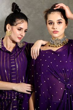 Violet draped tunic with miniature butti embellishments. Paired with an inner and palazzo. - Aza Fashions Georgette Palazzo, Mithila Palkar, Diana Penty, Women Kurta, Palazzo Set, Cocktail Reception, Luxury Sale, Shraddha Kapoor, Fashion App