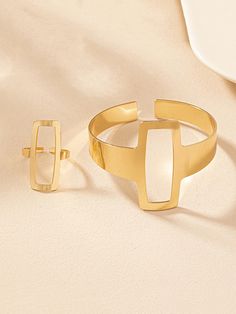 2pcs/set Minimalist Geometric Irregular Hollow Out Square Bangle And Ring Combination | stylewe Gold Minimalist Jewelry With Irregular Shape, Gold Irregular Minimalist Jewelry, Minimalist Irregular Jewelry For Gift, Minimalist Irregular Metal Jewelry, Seasons Activities, Metal Style, Olivia Mark, Jewelry Sets, Bangles