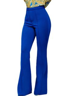 Material: Made of 81%-90% polyester and spandex. soft and comfortable.Features: High-waisted. flared pants. back hidden zipper. solid color. wide leg. office. Elegant Blue Flare Bottoms, Trendy Stretch Bottoms For Office, Trendy Stretch Wide Leg Flares, Trendy Stretch Pants For Office, Trendy Stretch Office Bottoms, Elastane Wide Leg Pants For Night Out, Stretch Dress Pants For Night Out, Chic Flare Bottoms In Solid Color, Chic Blue Flare Wide Leg Pants