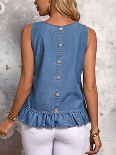 Vacation Casual Sleeveless Denim Top With Back Buttons And Ruffle Hem Blue Casual  Sleeveless Denim Plain Peplum,Top Non-Stretch  Women Clothing, size features are:Bust: ,Length: ,Sleeve Length: Elegant Sweatshirt, Casual Denim Skirt, Denim Tank Top, Denim Tank, Long Sleeve Denim Jacket, Altering Clothes, Upcycled Fashion, Denim Blouse, Plain Tops