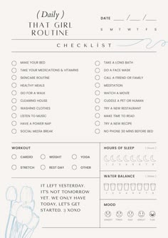 Clean Girl Routine List, That Girl Planner, That Girl Journal, Weekly Routine Template, That Girl Routine, Before Bed Workout, Daily Routine Schedule, Daily Routine Planner, Routine Checklist