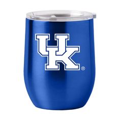 the kentucky university logo on a blue stemless wine tumbler with an aluminum lid