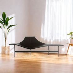 a living room with a couch, table and potted plant on the floor in front of a window