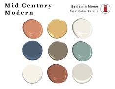 six different shades of paint in the middle of each one, with text that reads mid century modern