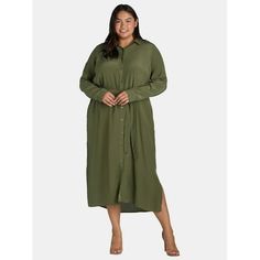 Step into effortless elegance with our Time and Tru Women's Midi Shirt Dress with Side Slits. Designed for everyone who values both style and comfort, this versatile piece seamlessly blends sophistication with laid-back charm. Crafted with long sleeves, it's perfect for transitioning between seasons, offering a chic silhouette that flatters every figure. Only at Walmart. Size: 4X.  Color: Green.  Gender: female.  Age Group: adult. Plus Size Summer Dresses, Plus Size Summer, Women Midi, Effortless Elegance, Midi Shirt Dress, Womens Tie, Mini Shirt Dress, Casual Summer Dresses, Dress Backs