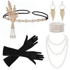 PRICES MAY VARY. 7 Pcs Roaring 20s Costumes for Women:1 pair black long gloves(2pcs); 1 pair earrings(2pcs); 1 pcs pearl necklace; 1 pcs flapper headband; 1 pcs artificial pearl bracelet, necklace and earrings have different colors. The earrings and necklace have classic appearance, elegant and beautiful, you can wear them in suit or separately Womens Gatsby Costume: One size fits most. Flapper headpiece: 20 inches with an elastic band. Necklace: 57 inch. Gloves: 20 inch. Bracelet:13 inch. Match Roaring 20s Costumes, Roaring 20s Accessories, Great Gatsby Accessories, Great Gatsby Costume, 20s Accessories, Jewelry Headpiece, Gatsby Birthday, Great Gatsby Headpiece, 1920s Great Gatsby