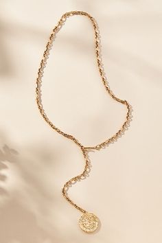 Gold: 14k gold-plated brass Silver: Rhodium-plated brass Lobster clasp Imported | Coin Lariat Necklace by Anthropologie in Gold, Women's, Gold/Plated Brass Gold Lariat Necklace, Accessories Jewelry Necklace, Women Accessories Jewelry, Lariat Necklace, Accessories Home, Rhodium Plated, Wedding Accessories, Womens Jewelry Necklace, Lobster Clasp