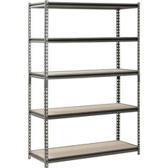 four tier shelving unit with wood shelves on each side and black metal brackets at the bottom