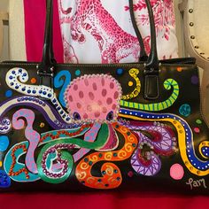 Unique, One Of A Kind, Statement Handbag. Hand Painted And Enhanced With Rhinestones. Wearable Art! Painted Handbag, Statement Handbag, Cole Haan, Womens Tote Bags, Wearable Art, Hand Painted, Handbags, Leather, Women Shopping