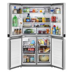 an open refrigerator with its doors wide open and full of food, drinks and condiments