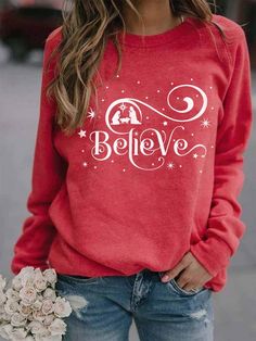 Red Casual Graphic Tops Round Neck Long Sleeve Believe Snowflake Printed Sweatshirt Casual Long Sleeve Shirts, Graphic Tops, Sweater Sale, Cozy Sweatshirts, Print Sweatshirt, Hoodies For Sale, Shirt Sale, Black Casual, Christmas Sweatshirts